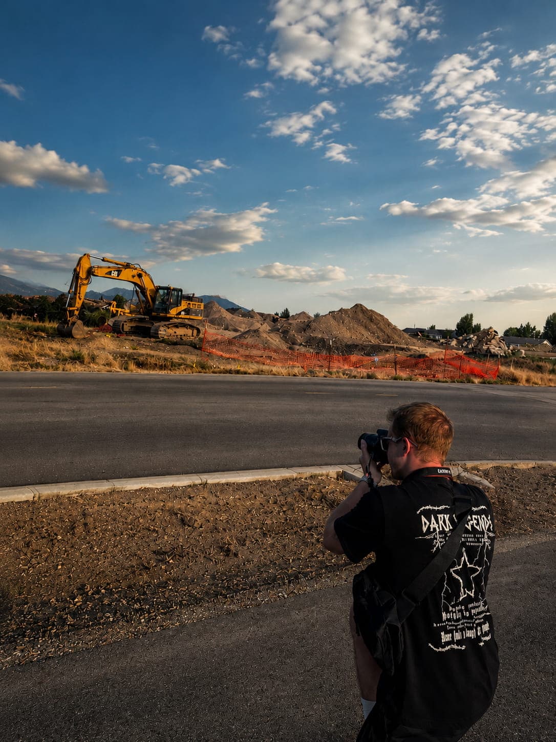 Photographer captures a yellow excavator at a construction site across a road under cloudy skies.