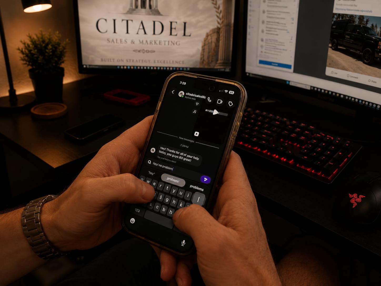 Hands typing a message on a smartphone at a desk with two glowing computer monitors.