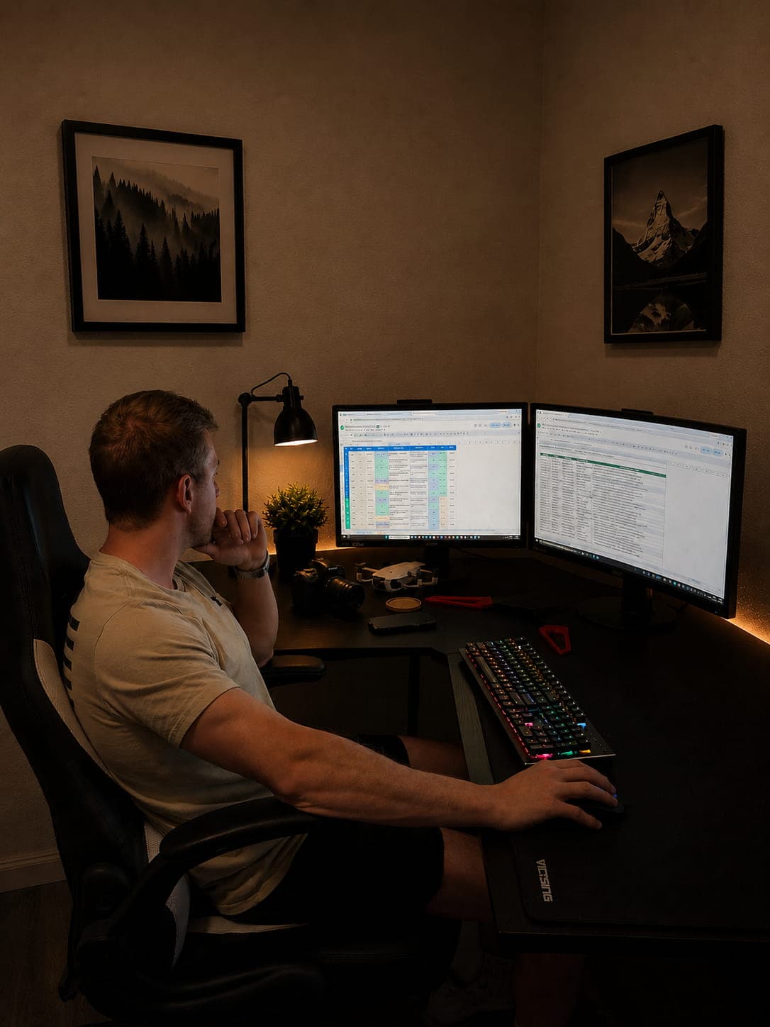 Man focused on spreadsheets at a desk with dual monitors and warm ambient lighting.