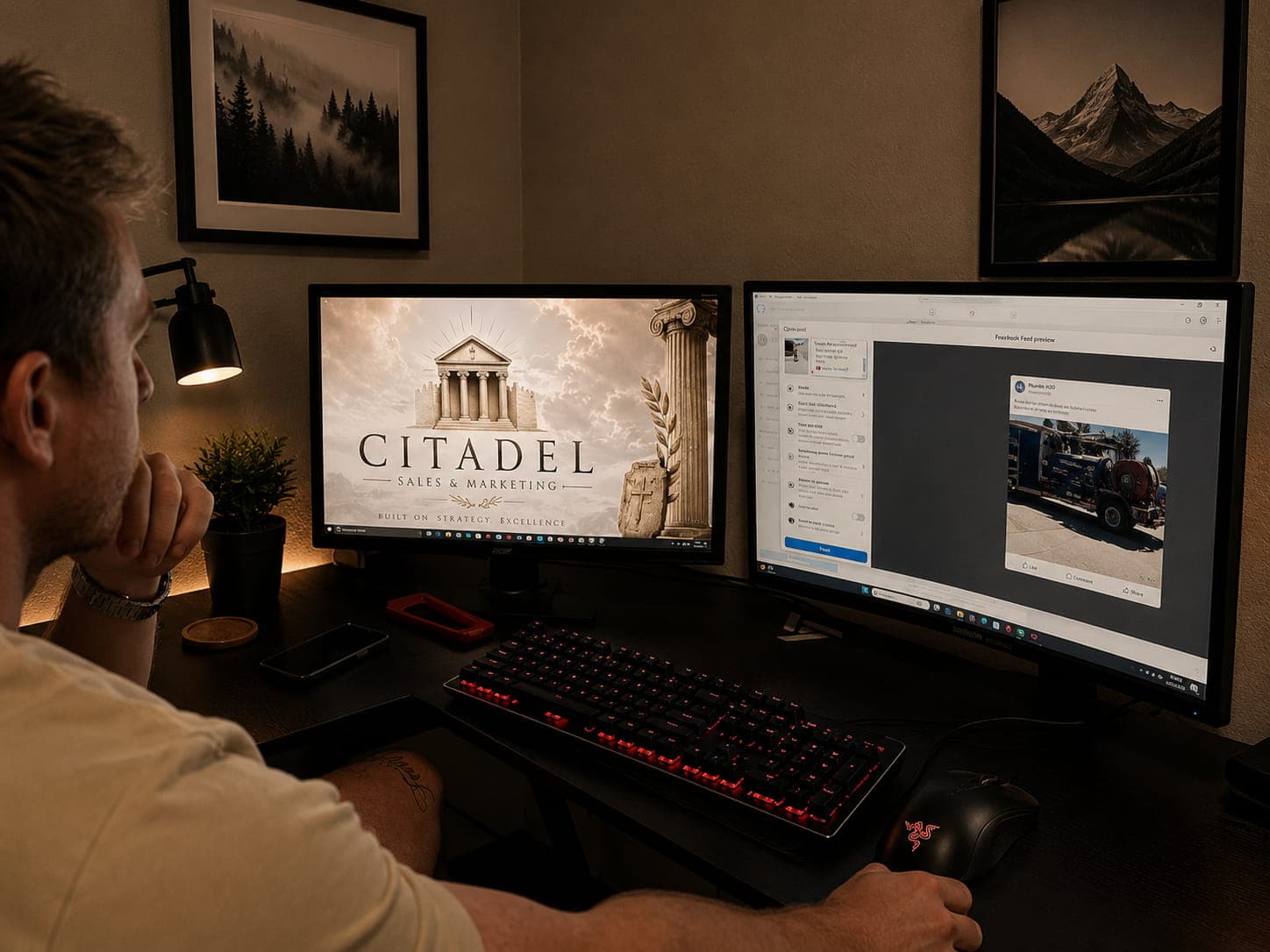 Man at a desk with two monitors, one showing Citadel Sales and Marketing branding.